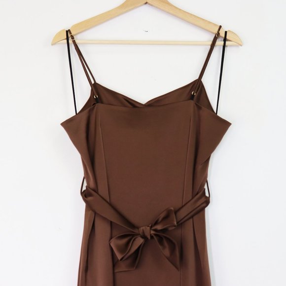NWT Nanushka Dress Sayan Satin Spaghetti Strap Belted Wrap Tie Midi Slip Brown L - Picture 10 of 11